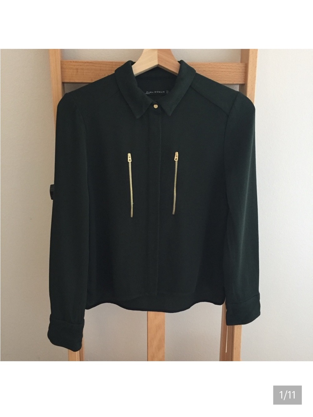 Zara Hunter Green Button Up Zipper Blouse